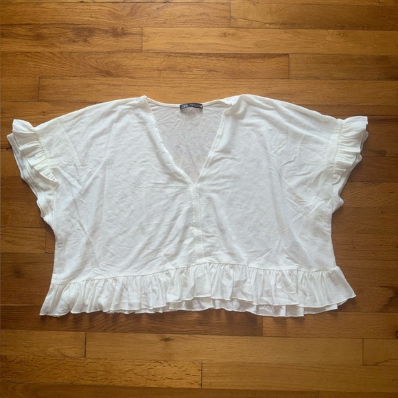 ZARA Oversized Flowy Light White Short Sleeve Shirt Ruffle size Small - Picture 1 of 3